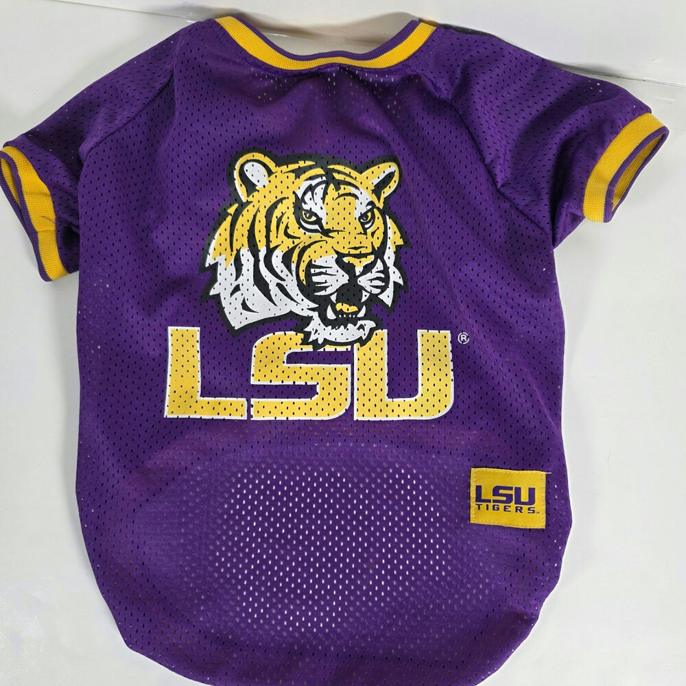 Large Dog LSU Jersey Purple Mesh T-Shirt Tiger Head Graphic & LSU Spellouts